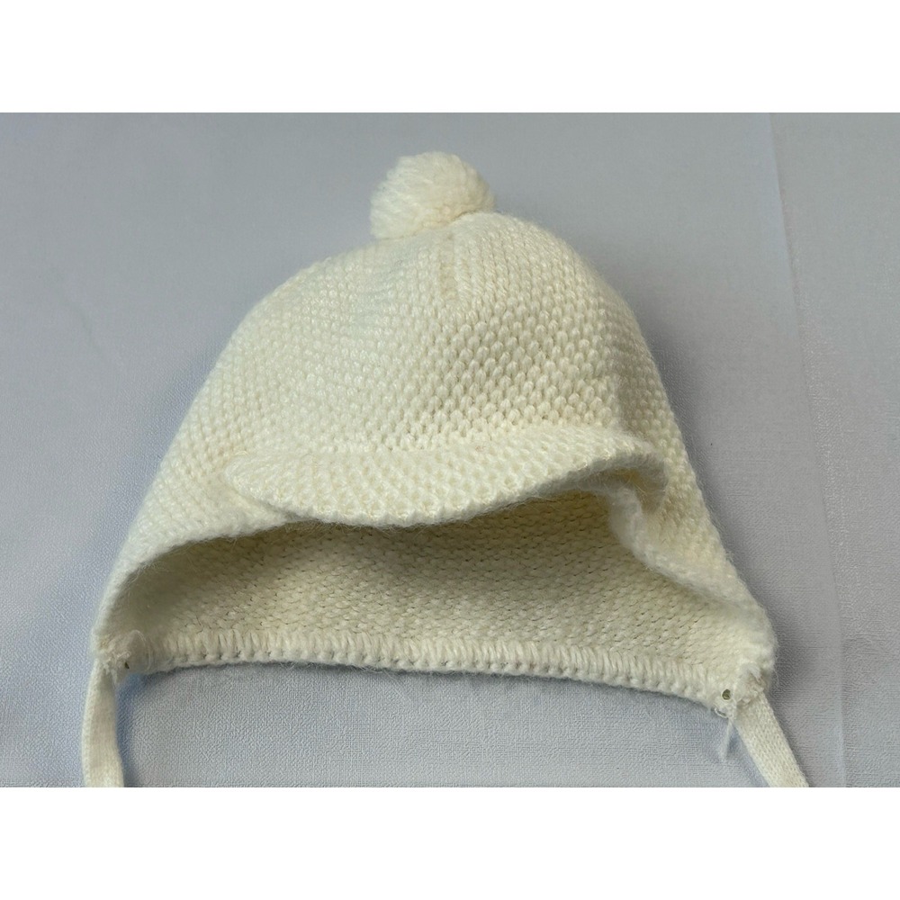 Vintage Handmade Knit Baby Bonnet Hat Pom Pom Off White Classic Cozy Infant